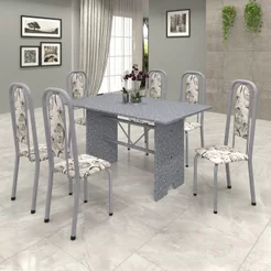Conjunto de Mesa 140x75cm Tampo Granito com 6 Cadeiras Lavínea Cinza/Martelado Pérola/Ocre/Arabesco Martelado