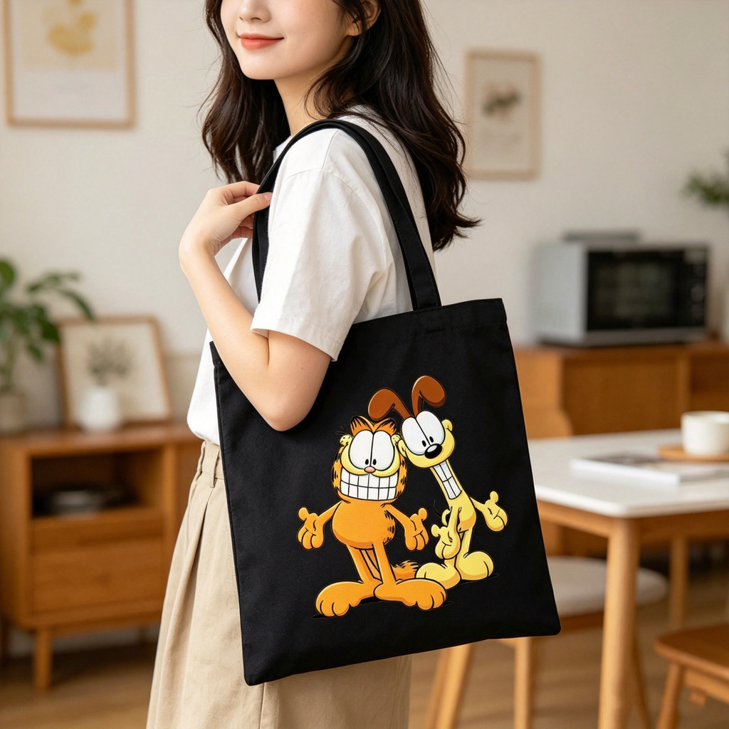 Bolsa de Lona Preta Garfield & Odie Best Friends - Grande Capacidade, Bolsa de Ombro Casual para Escola, Trabalho e Uso