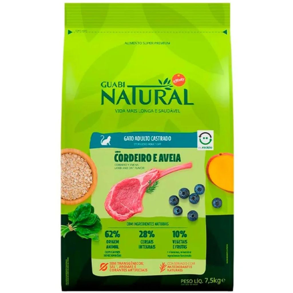Ração Gatos Castrados Guabi Natural Cordeiro e Aveia 7,5kg