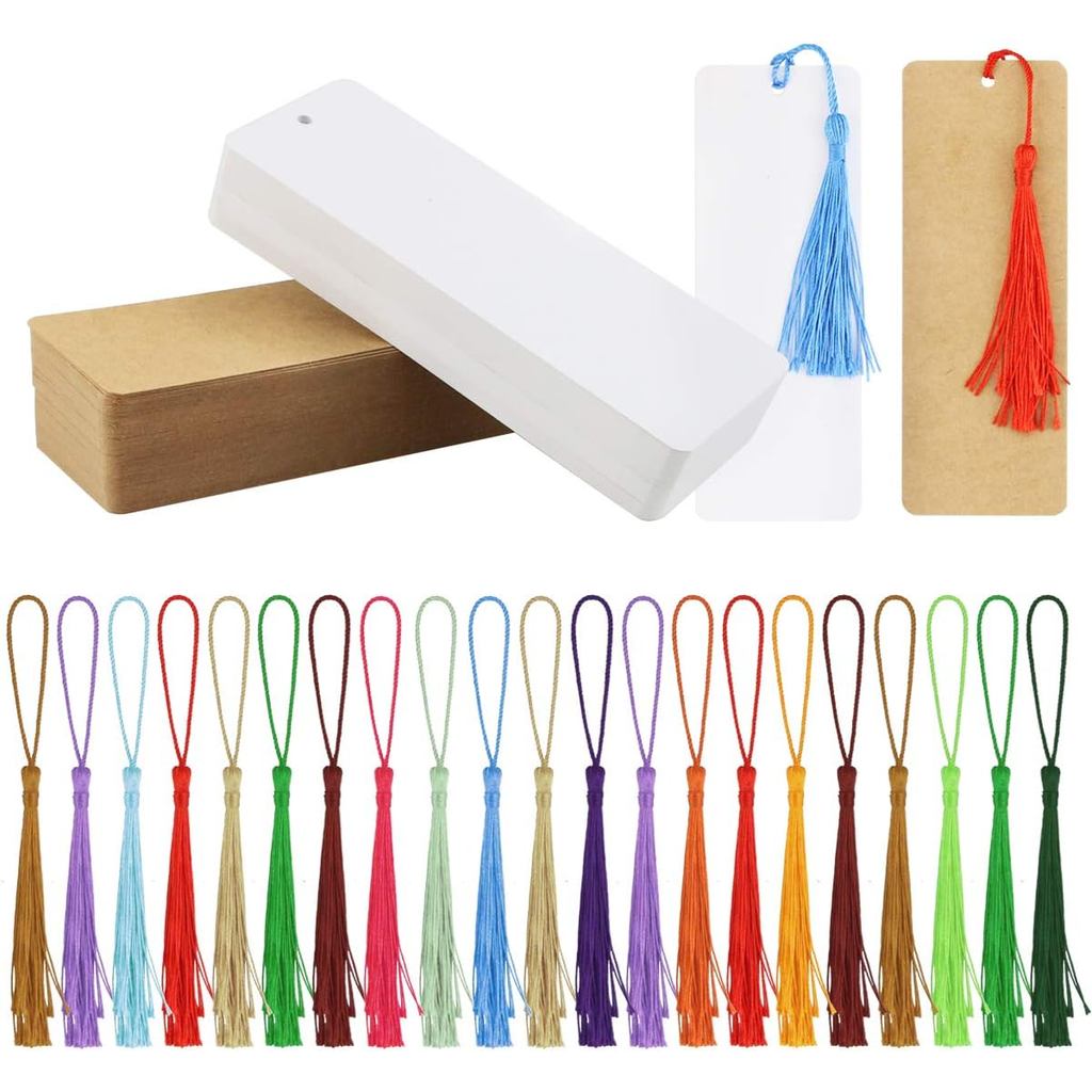 120 Pcs Kraft Paper Blank Cardstock Bookmarks, Paper Bookmarks with 100 Pieces Colorful Tassels for DIY Classroom Projec