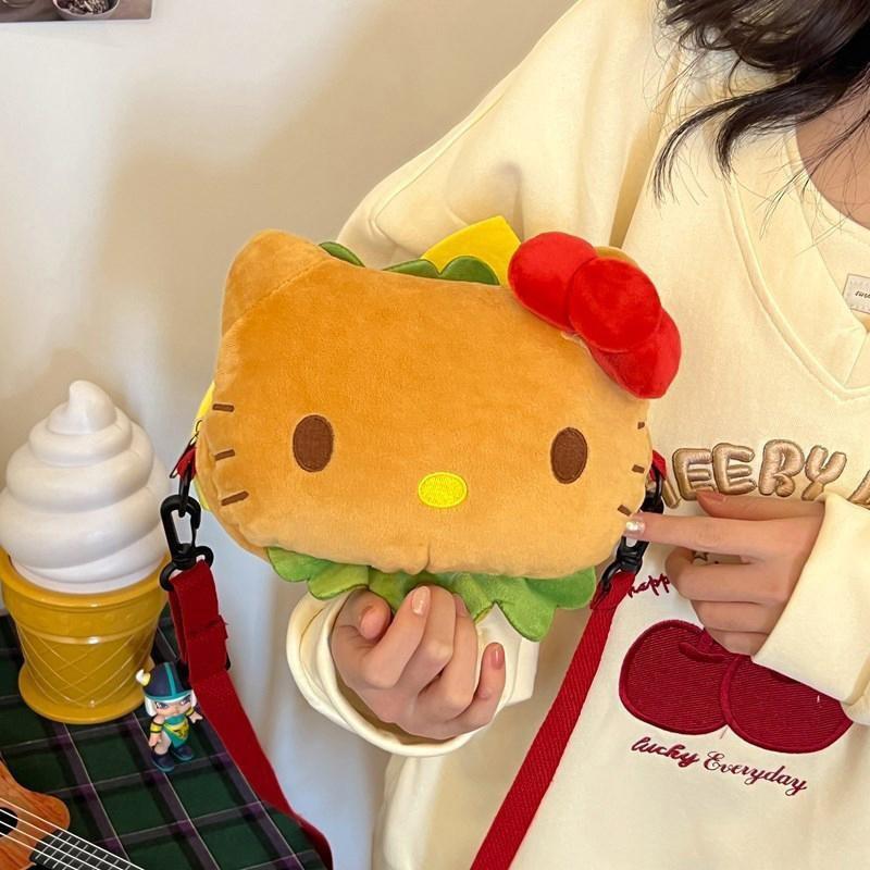 [largeloohg] Kawaii Sanrio Hello Kitty Hambúrguer Engraçado Bolsas De Ombro De Pelúcia Bonito Desenho Animado Recheado E