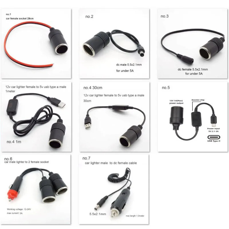 Adaptador de carregador com conector de acendedor de cigarros 12V DC macho-fêmea para USB Tipo-C 5.5x2.1 macho-fêmea 5V.