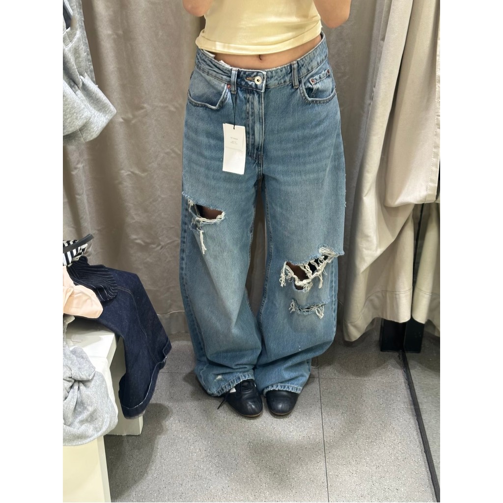 SUMU Su Mu · Calça Jeans reta rasgada retrô americana feminina primavera outono pequena calça larga8197021