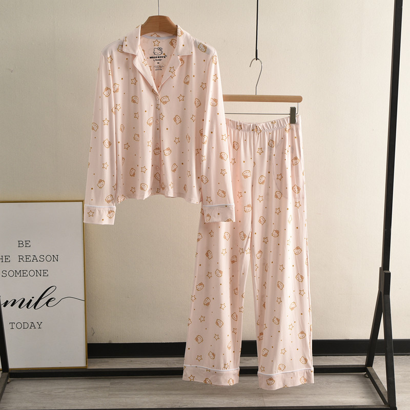 Conjunto de pijamas estampados estilo doce feminino primavera outono manga comprida calças largas confortável Loungewear