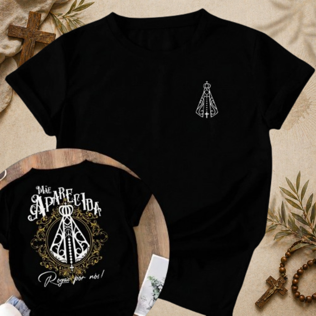 Camiseta Tradicional Jesus petalas de rosas Maria Mãe Aparecida Religiosa Catolica Cristã 100% Algodão Unissex
