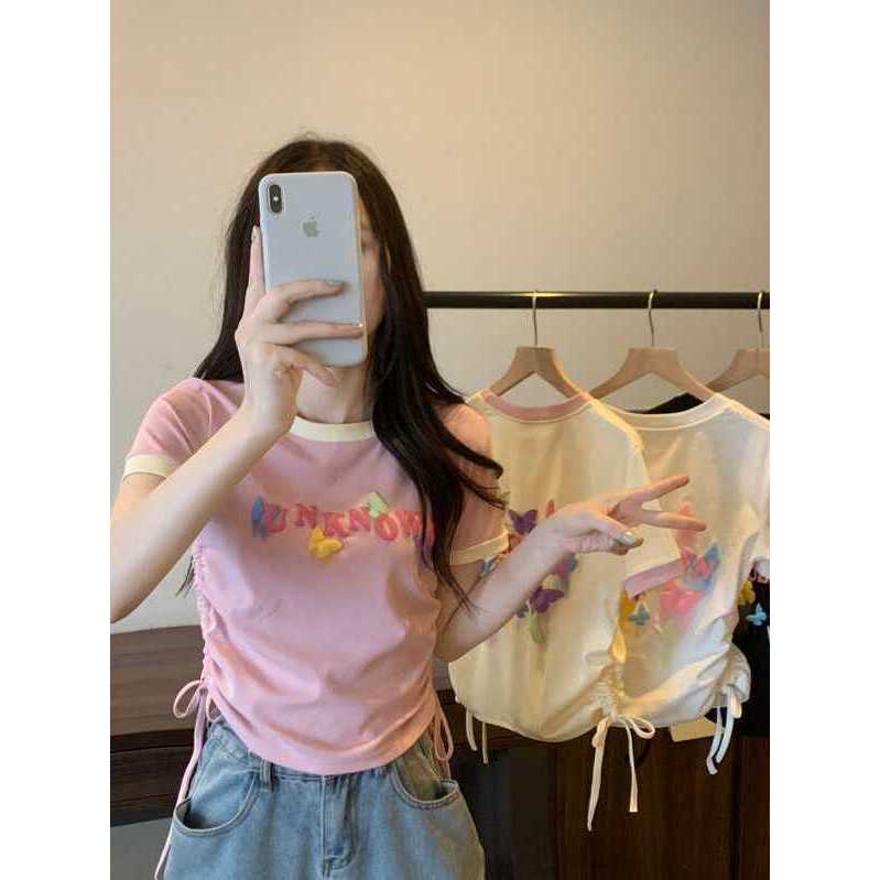 Menina quente chique único rosa manga curta camiseta feminina verão dopamina usar high-End cordão de cintura alta curto