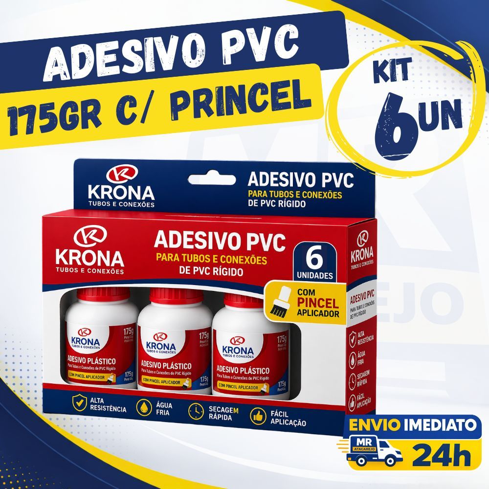 Kit 6 Adesivo PVC Krona 175g com Pincel Aplicador Cola Tubo Cano Conexão Alta Fixação Secagem Rápida