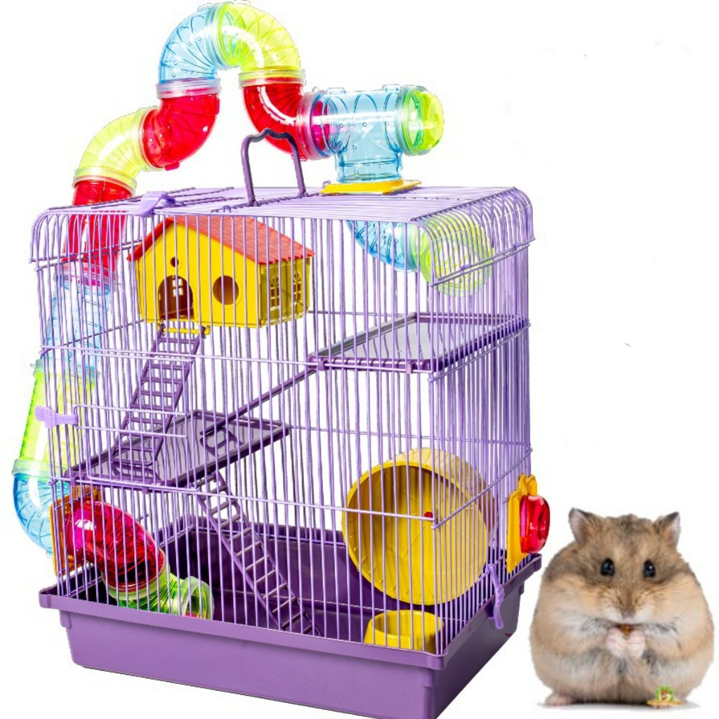 Gaiola Com Casinha E Tubo Luxo Para Hamster 3 Andares Cor Lilas