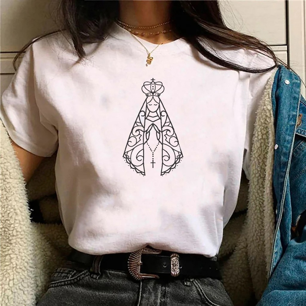 Camiseta feminina de algodão Nossa Senhora Aparecida Nossa Senhora do Rosário blusa preta Off white