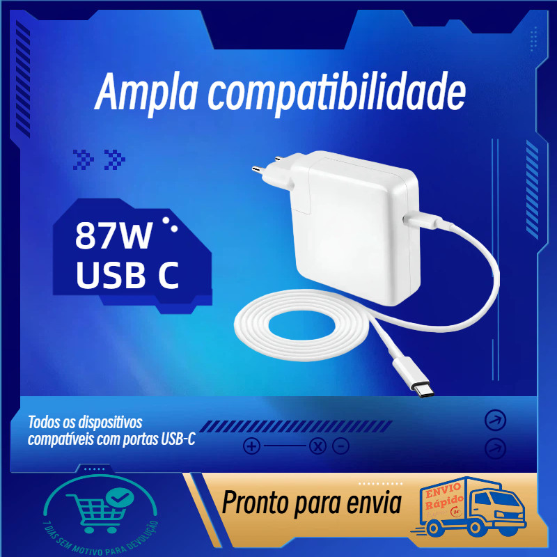 Fonte Carregador 87W USB-C Compatível Notebook,SmartPhone, MacBook Ampla Compatibilidade Todos Conector Tipo-C