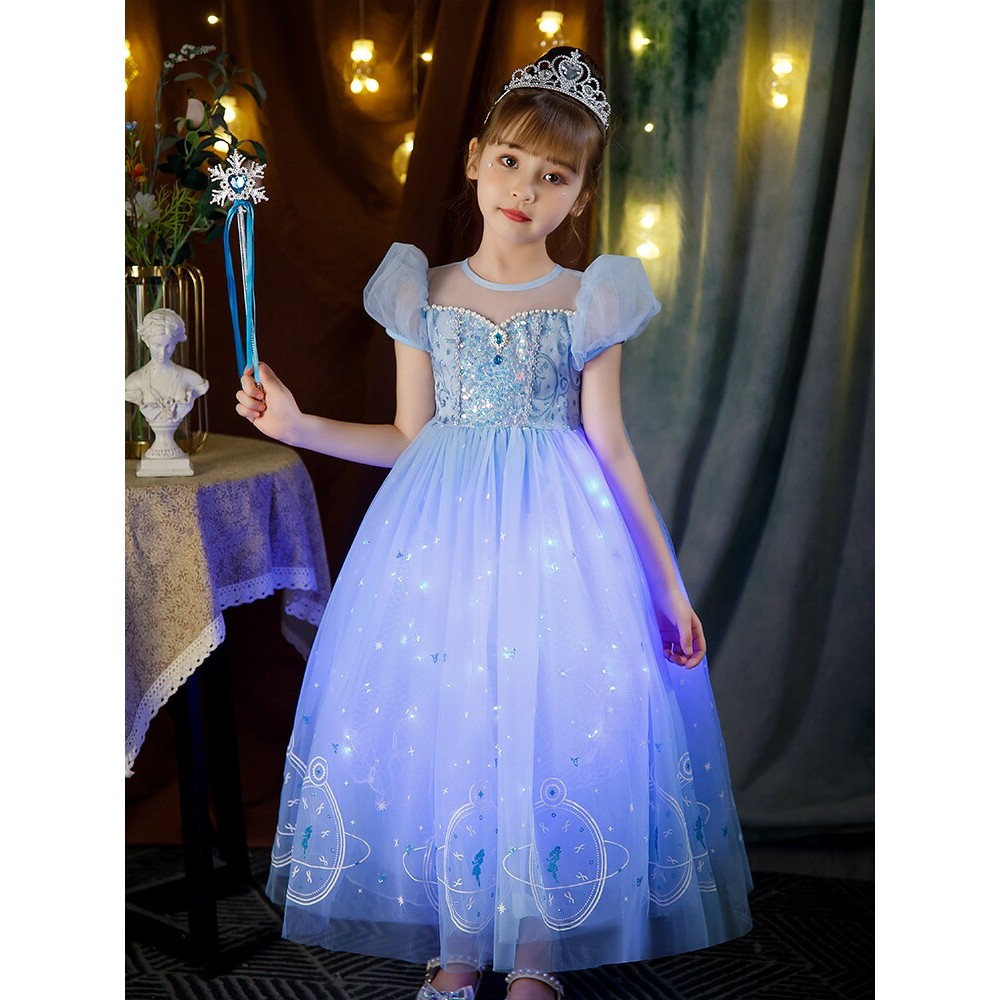 Frozen Elsa Luminous Princess Dress Verão Meninas Dia de Alta Qualidade 6 Manga Puff Menina Bebê Gaze Vestido Luminoso