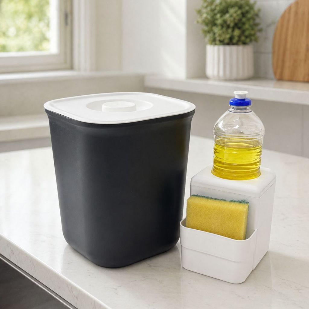 Kit Lixeira 4L com Porta Detergente e Bucha Preto e Branco - Organização e Praticidade