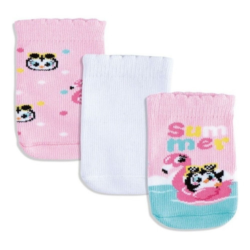 Pack Com 3 Meias Puket Pinguin Rosa E Branca - 5 A 8 Meses