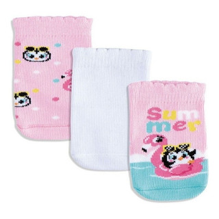 Pack Com 3 Meias Puket Pinguin Rosa E Branca - 5 A 8 Meses