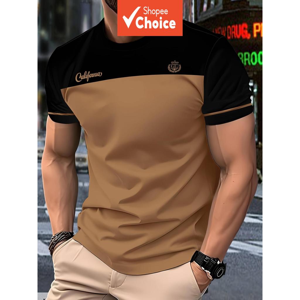 Camiseta masculina preta com detalhes em marrom café, estampa dourada California, gola redonda, manga curta, estilo