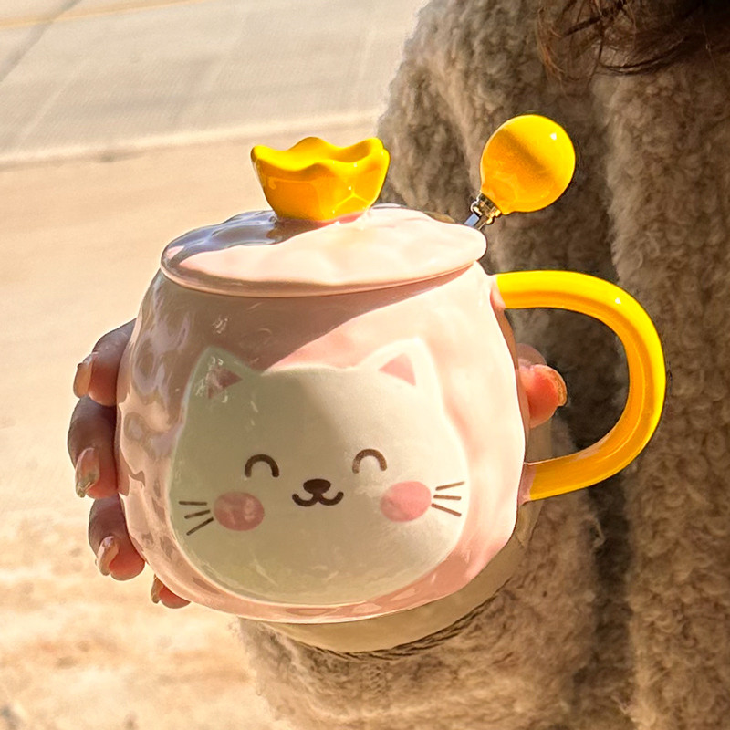 Copo feminino copo de cerâmica caneca com tampa colher gato aquecimento café da manhã alto valor casal beber copo mascul
