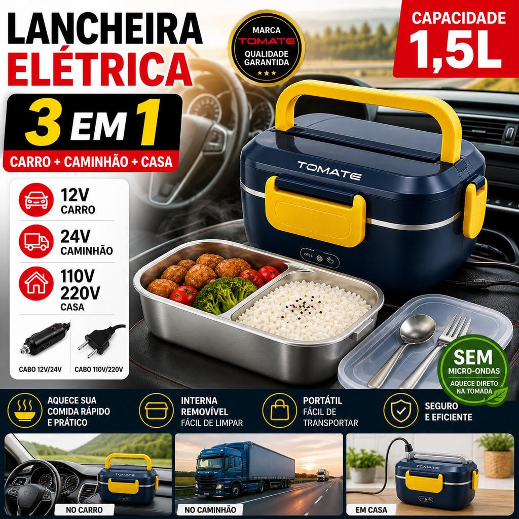 Lancheira Elétrica 3 em 1 1.5L 12V 24V 110V 220V Marmita Aquecedora Portátil Carro Casa TOMATE
