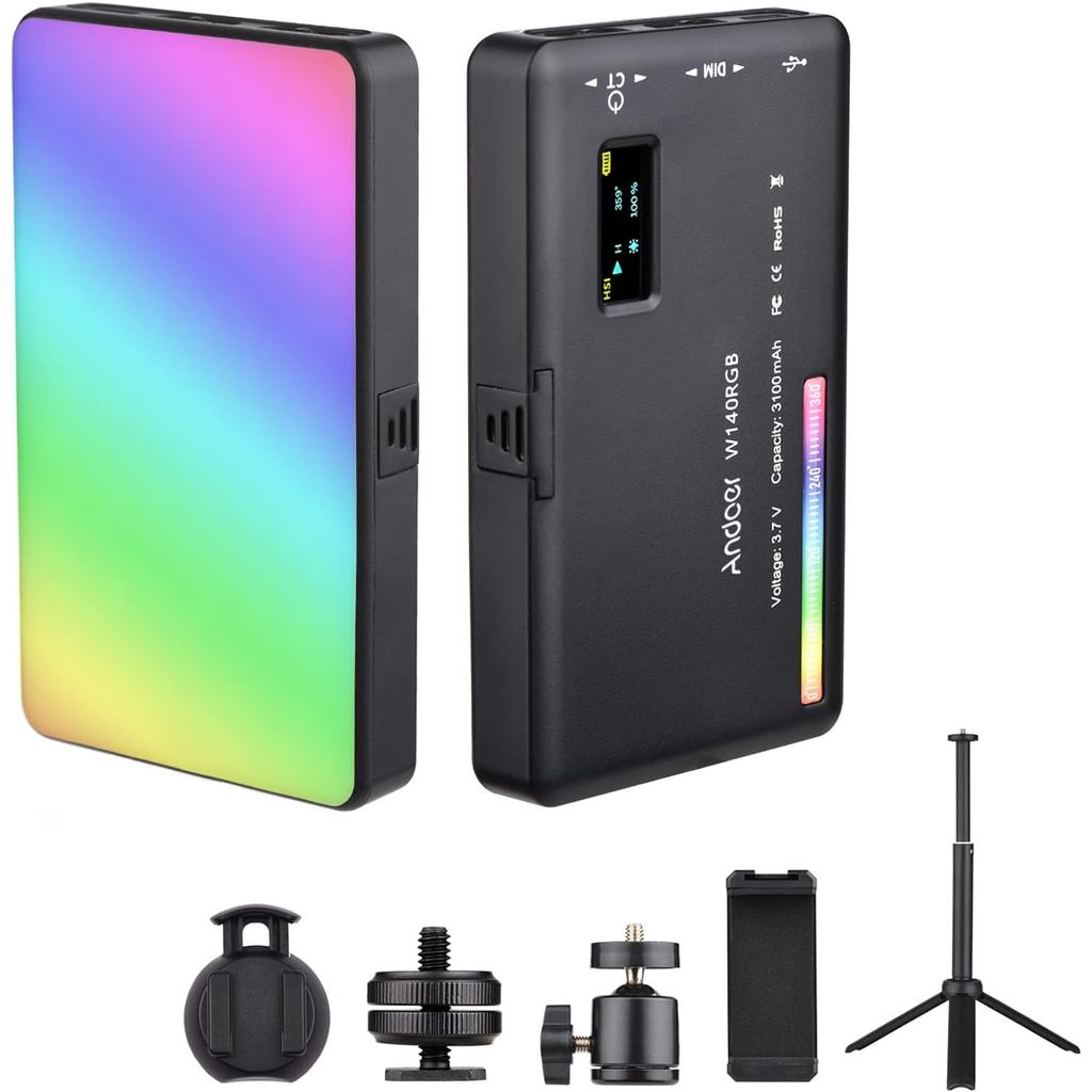 Andoer Kit de luz de vídeo RGB portátil, kit de luz de vídeo LED W140 RGB, CRI95+ 2500K-9000K regulável, 20 efeitos