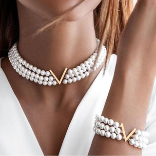 Moda Elegante Conjunto De Jóias De Pérola Para Mulheres Estilo Ins Design Criativo Em Forma De V Gargantilha Pulseira Co