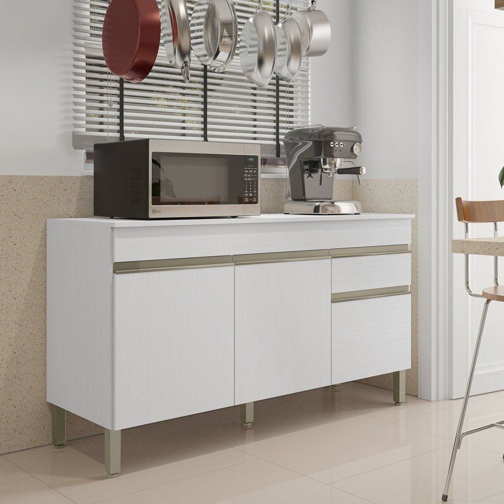 Balcão 3 Portas 1 Gaveta 150cm com Tampo Line Branco/Supremo Supremo