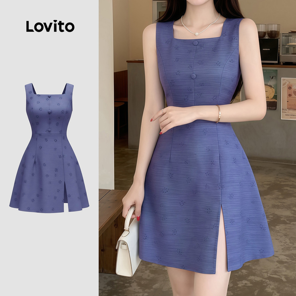 Lovito Vestido Feminino Azul-escuro de Verão e Primavera Elegante com Fenda Conf