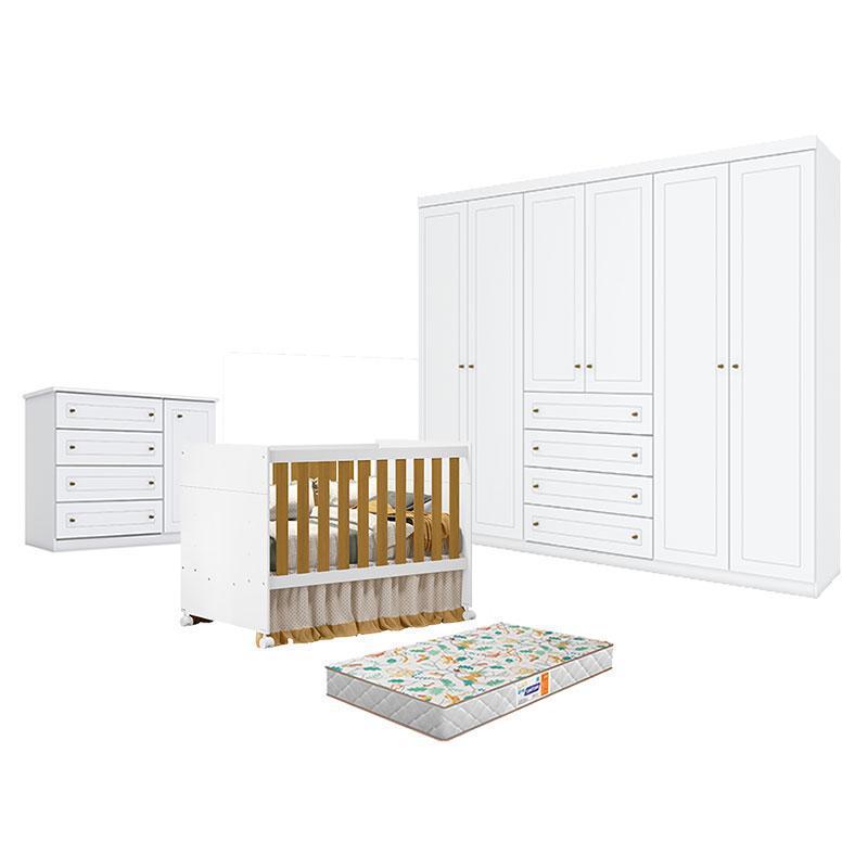 Quarto de Bebê Americano 6 Portas com Berço Americano Katatau Branco Acetinado Savana – Reller - Henn e Colchão Gazin