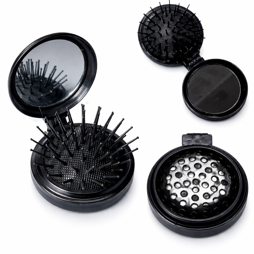 Espelho Portátil com Escova de Cabelo Dobrável  Compacta de Bolsa