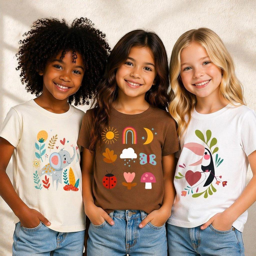 Kit 3 Camiseta Infantil Juvenil Menina Tema Tropical Blusinhas Estampadas Lançamento Tshirt Basica Minimalista 2 ao 16