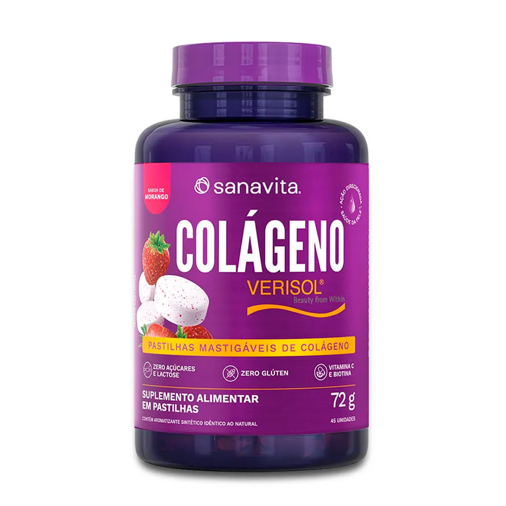 Colágeno Verisol Sanavita Sabor Morango Pastilhas Mastigáveis com 72g
