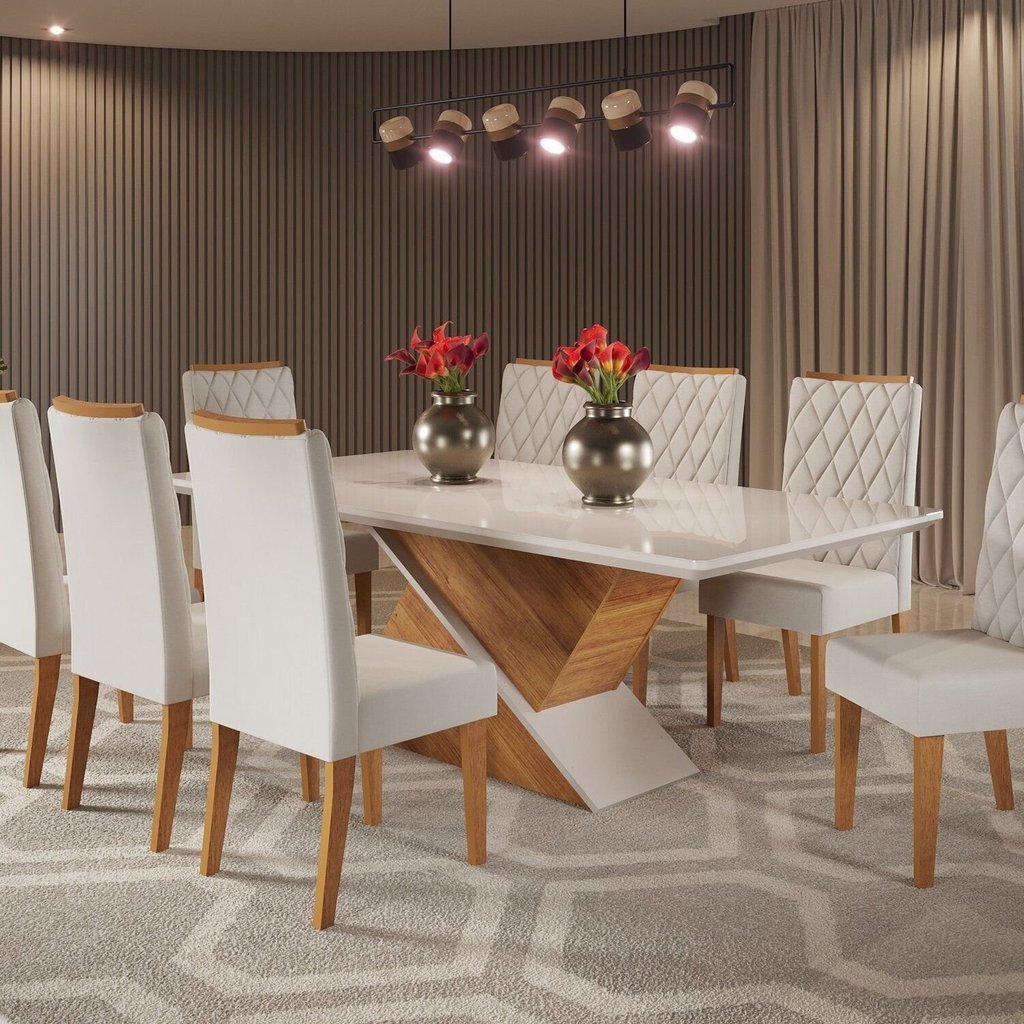 Mesa de Jantar Retangular 200x90 Noble com 8 Cadeiras Iza Bege/Mel/Off Whiti Mel/Off White