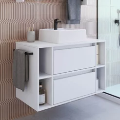 Gabinete de Banheiro Suspenso 80cm com 4 Nichos 1 Toalheiro 1 Porta 1 Gaveta com Cuba Branco Branco