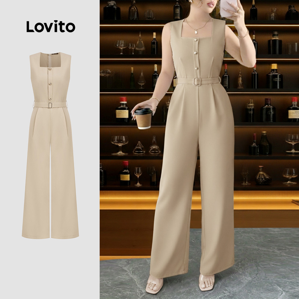 Lovito Elegante Macacão com Botões Frontais e Fivela Metálica Macacão Cáqui Primavera/verão para mulheres L183ED035