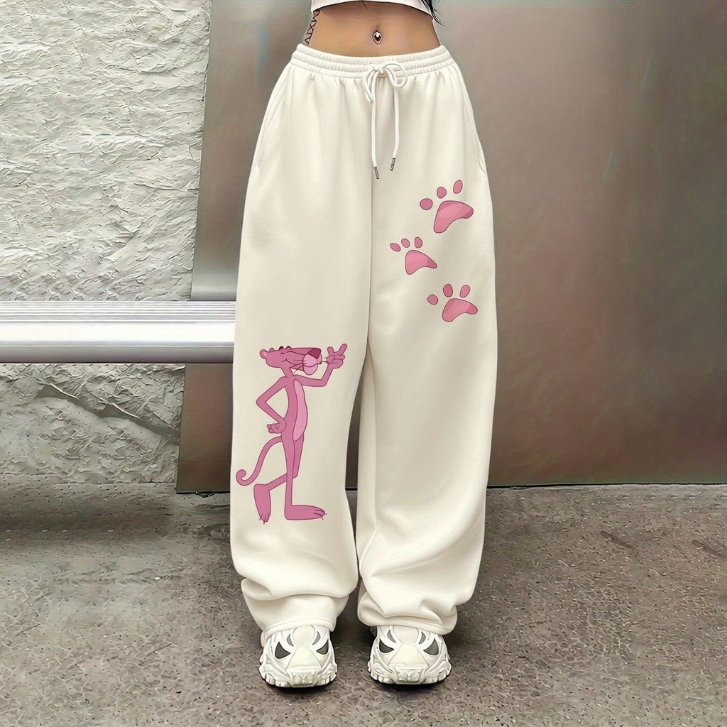Calça Wide Leg Com Estampa da Pantera Cor De Rosa Desenho Estiloso Streetwear