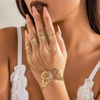 Moda Simples Personalidade Feminina Oco Pulseira Borboleta Anel De Uma Peça Corrente Gótico Fantasma Dedo