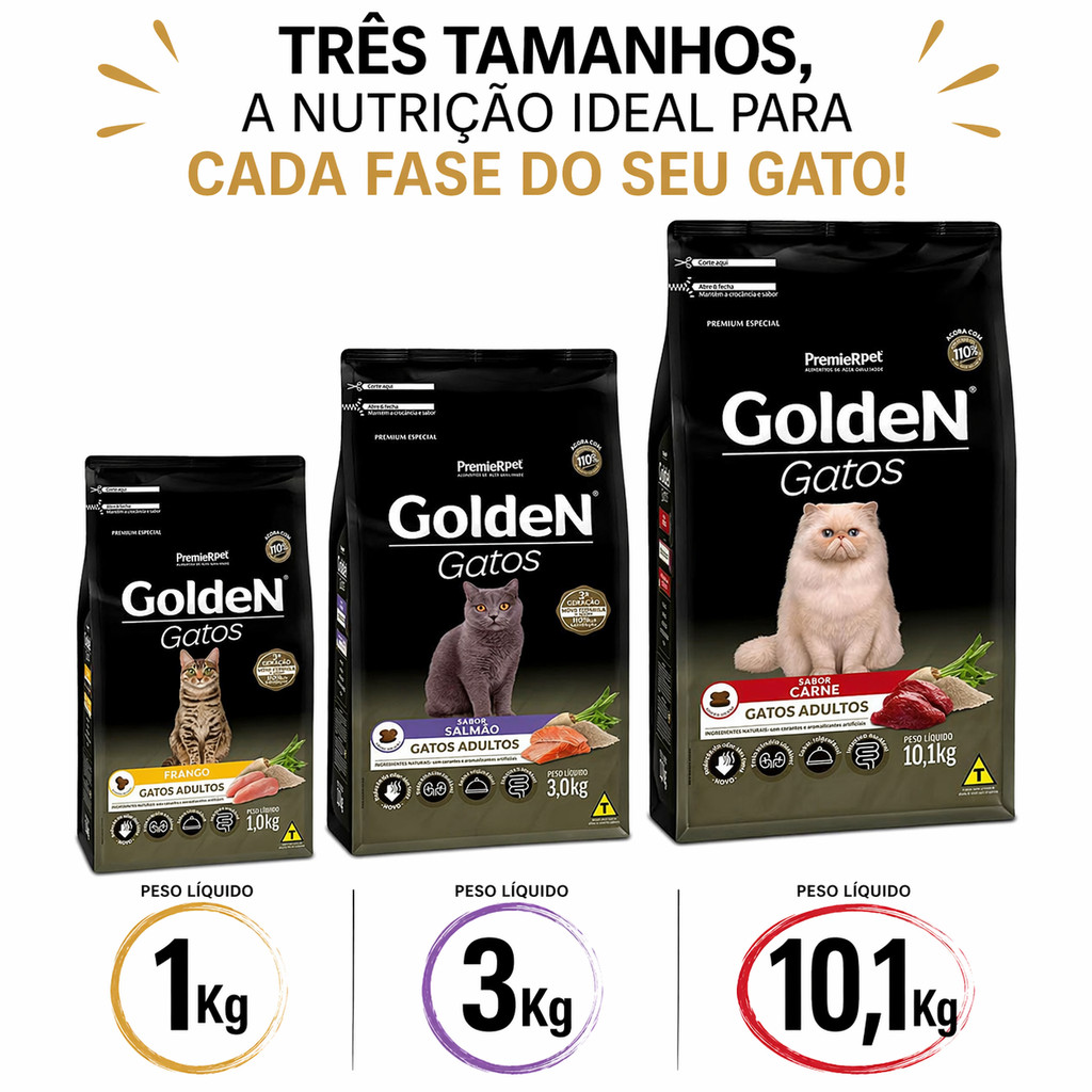 Ração Golden Gatos Adultos Sabor Frango Carne Salmão (1kg, 3kg, ou 10,1kg) - Golden Premier
