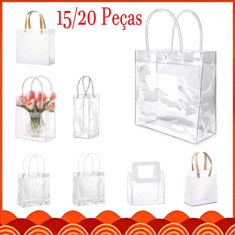15/20 Peças Saco de presente de reutilizável transparente com alça, Saco de festa de plástico fosca transparente de PVC