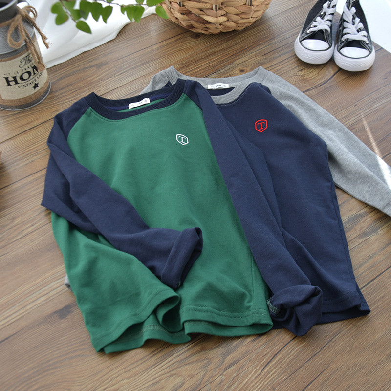25 primavera crianças pele-amigável macio escovado puro algodão manga comprida camiseta meninos Raglan ombro cor-
