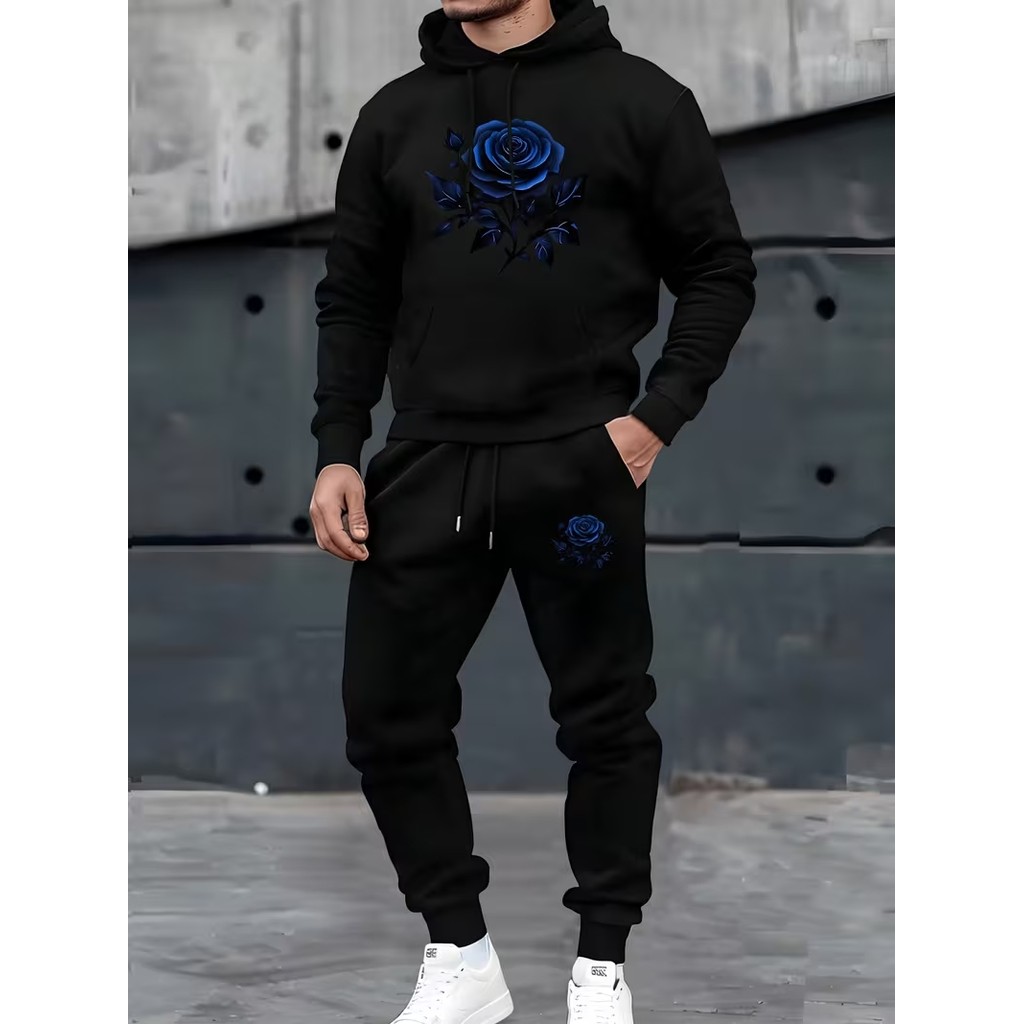 Conjunto Moletom Masculino Rosa azul Blusa De Frio Canguru Bolso e Capuz+Calça Moletom Estampados Unissex Outono/Inverno
