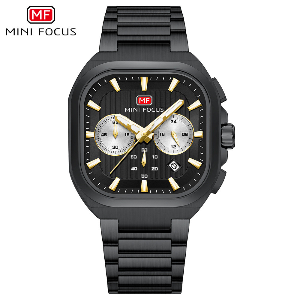 MINI FOCUS Moda Multifuncional Quartzo Impermeável Luminoso, Calendário Pequeno Relógio Masculino com Pulseira de Aço de