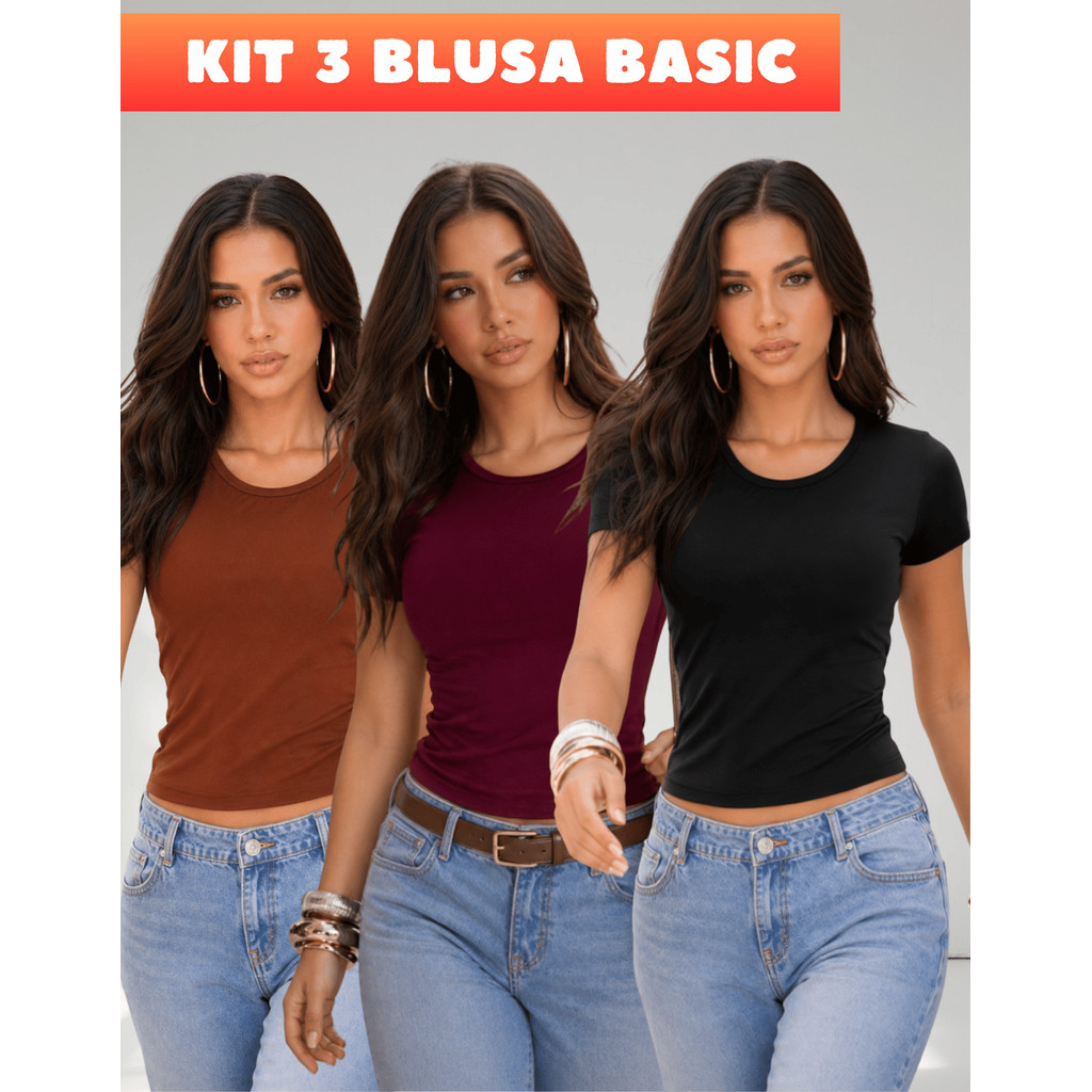 Kit 3 Blusinhas Baby Tee Feminina Slim Fit Manga Curta Camiseta Básica Lisa Baby Look