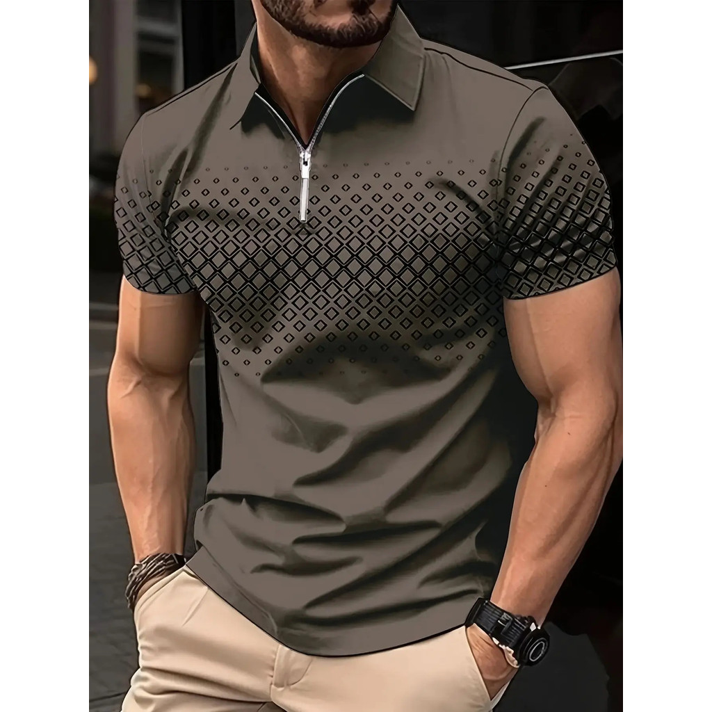 Roupas Masculinas Verão Moda Esporte Lapela Camisa Polo Masculina Casual Poliéster Secagem Rápida Zíper Masculino Fino A