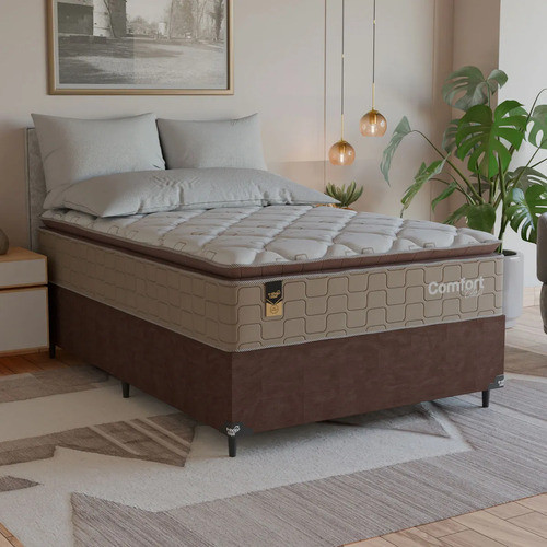 Cama Box Viúva + Colchão Comfort Class Pillow Top 128x188 Bege/suede Marrom