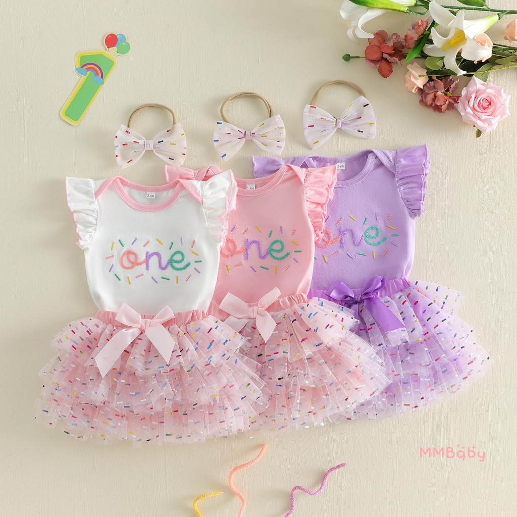 Mbaby-Baby Girl Primeiro Aniversário Roupa Carta Manga Voadora Macacão Saia De Tule E Tiara Com Arco Conjunto De 3 Peças
