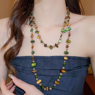 Colar de Pedra Natural Colorida Irregular Colar Longo de Cristal Boêmio Colar Vintage em Camadas