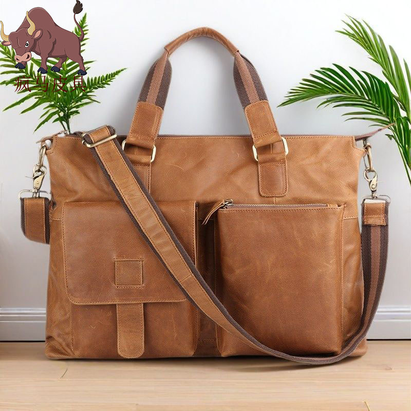 2025 Crazy Horse Couro Pasta de Grande Capacidade Bolsa de Negócios Portátil 58cm Bolsa de Computador Retro Moda Couro G