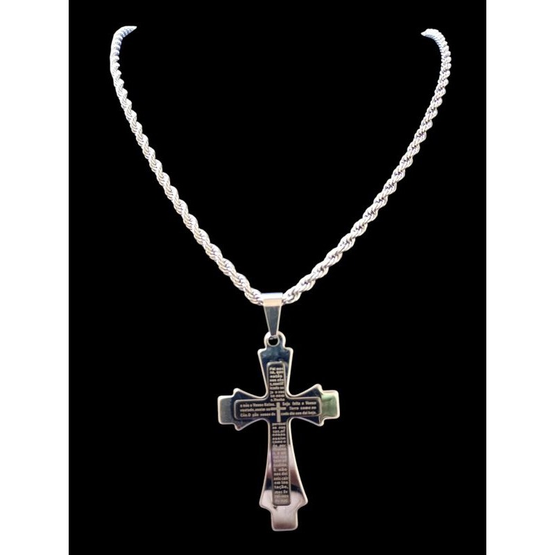 Corrente Colar pingente medalha Cruz Pai Nosso Aço Inoxidável 60cm Prata Grossa