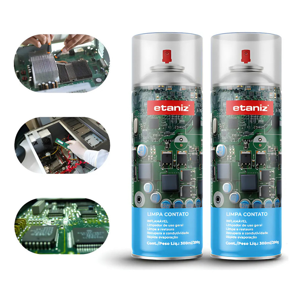 Kit 2 Limpa Contato Etaniz Spray 300ml Limpeza de Placas Conectores e Equipamentos Eletrônicos