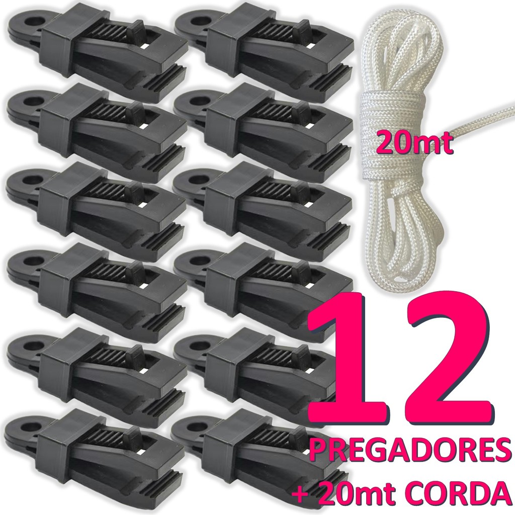 Kit 12 Clipes + 20m de Corda Total Esticador Anti-Vento Para Fixar Lona Preta e Toldos