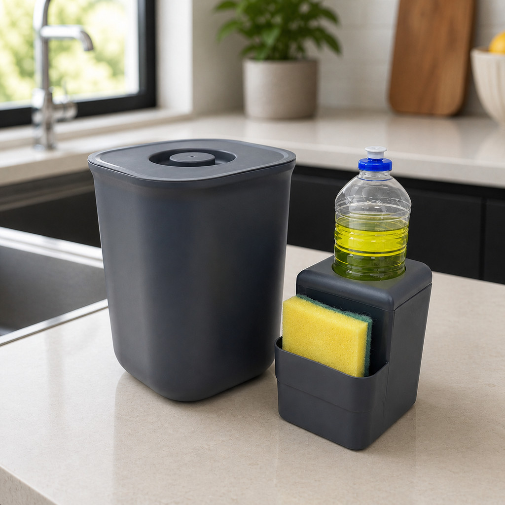 Kit Lixeira 4L com Porta Detergente e Bucha Preto - Organização Prática para Cozinha