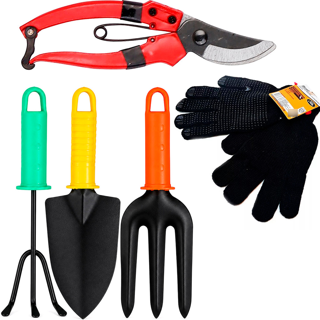 Kit Jardinagem Jardim Tesoura Poda Ancinho Pazinha Garfo